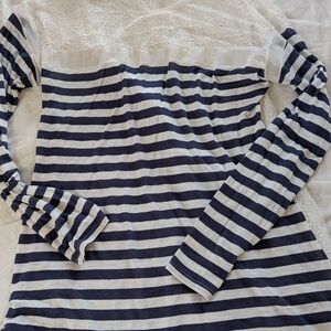 Striped Lace Yoke Long Sleeve Top - Navy & White